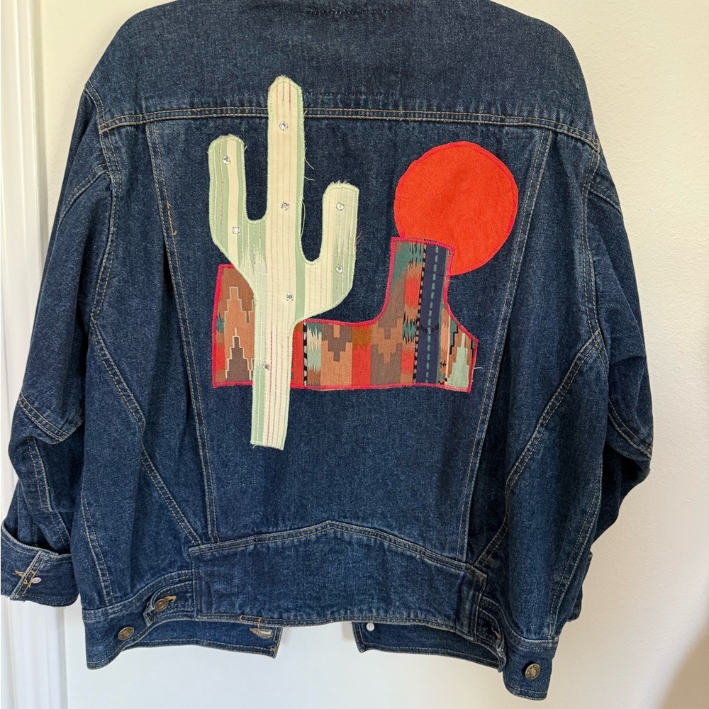 Vintage oversized Western Denim Jacket with Cactus and Southwestern Patches sZ M - Picture 5 of 14